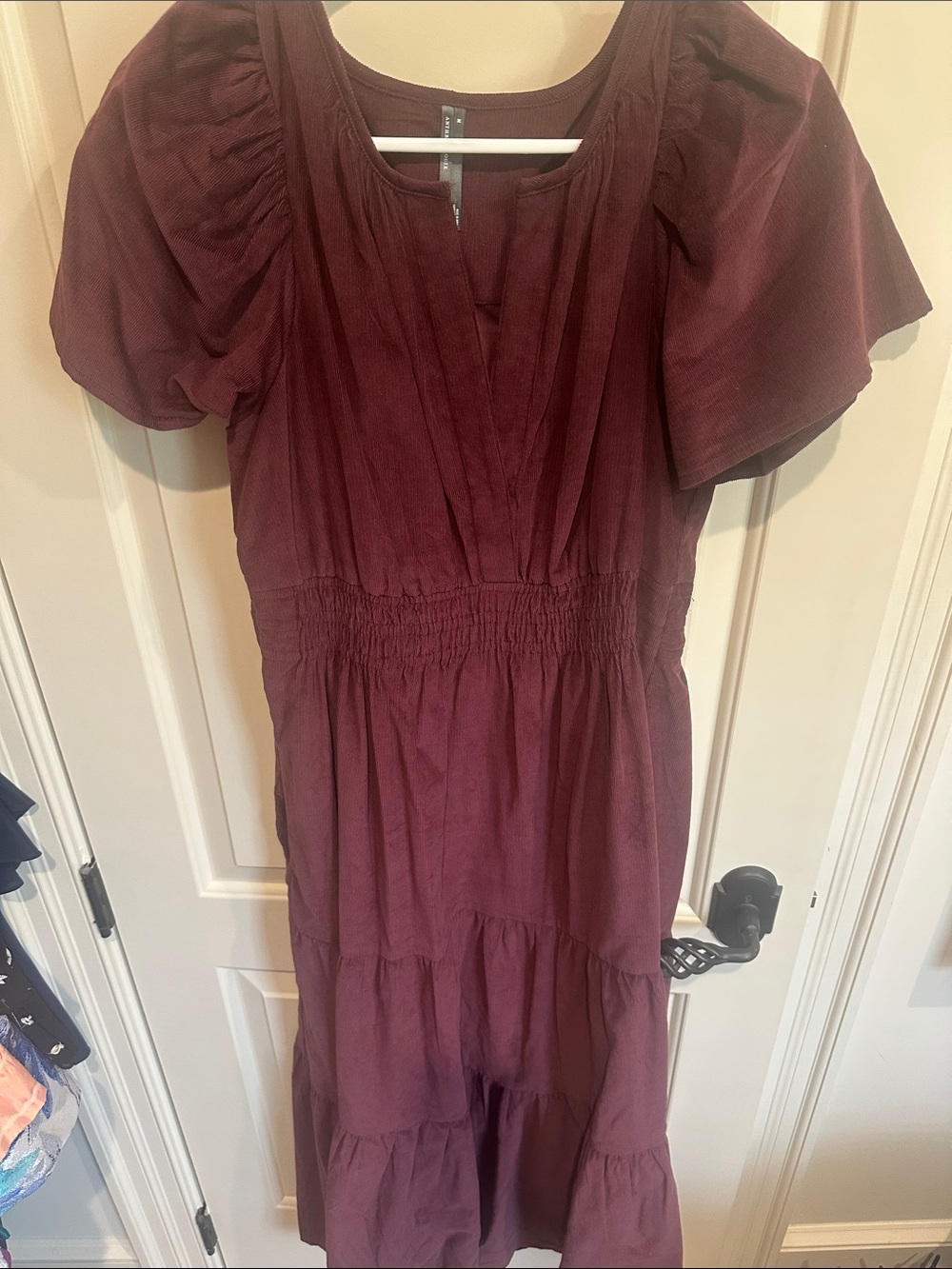 Anthropologie Burgundy Tiered Maxi Dress with Puff Sleeves